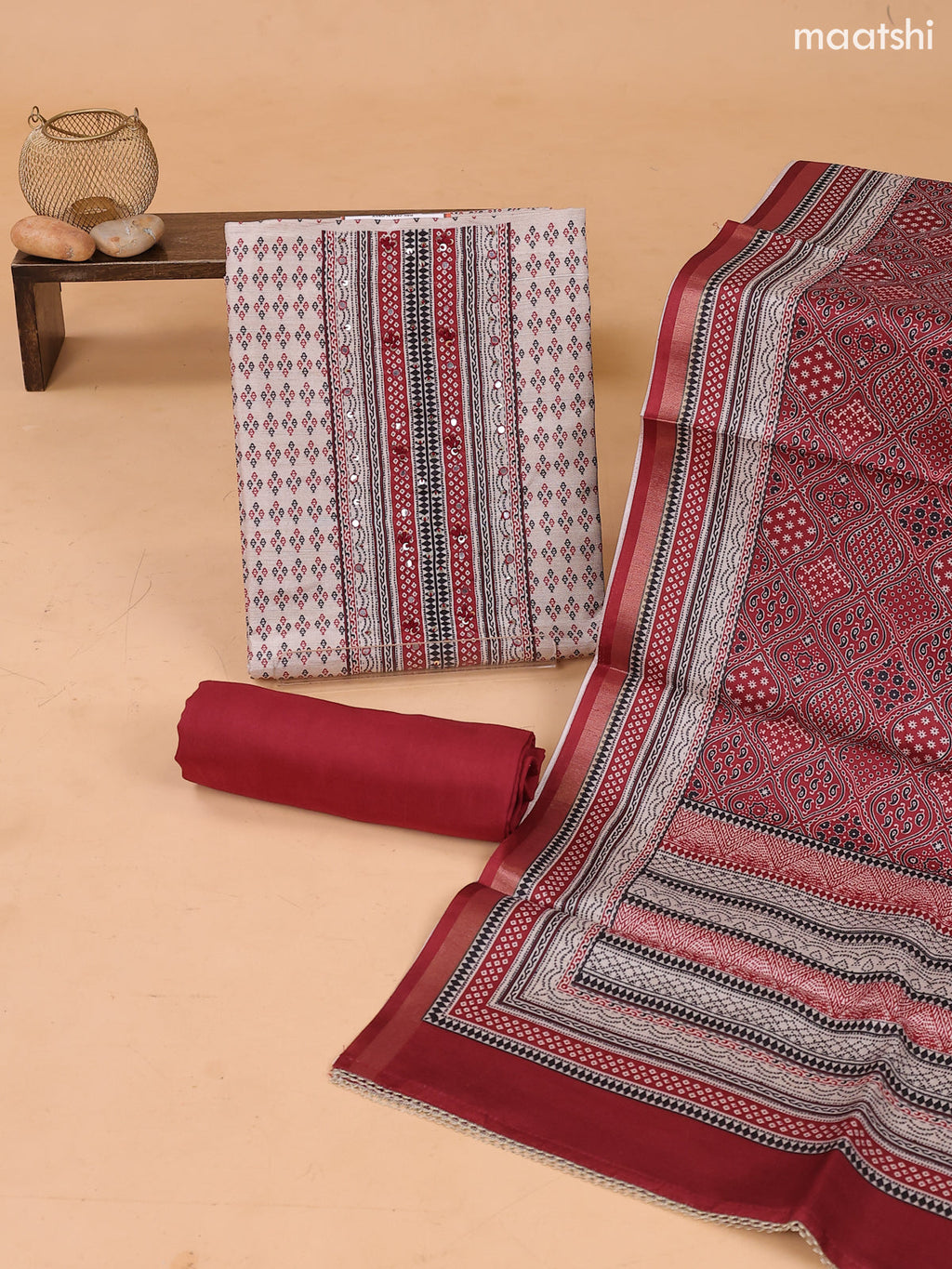 Biege and Maroon Art Tussar Dress Material With Bandhini Prints & Simple Embroidery and Bottom & Dupatta
