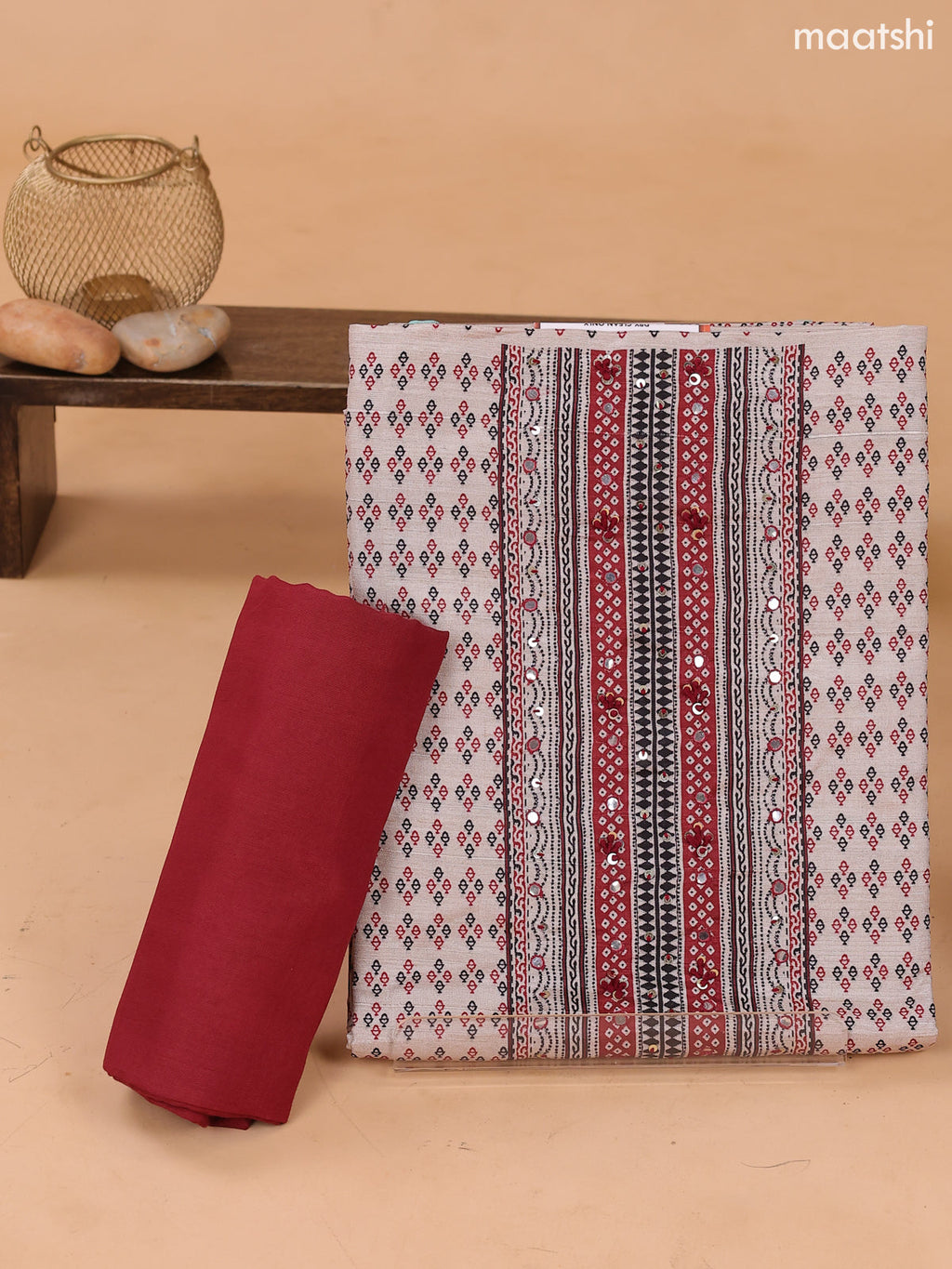 Biege and Maroon Art Tussar Dress Material With Bandhini Prints & Simple Embroidery and Bottom & Dupatta