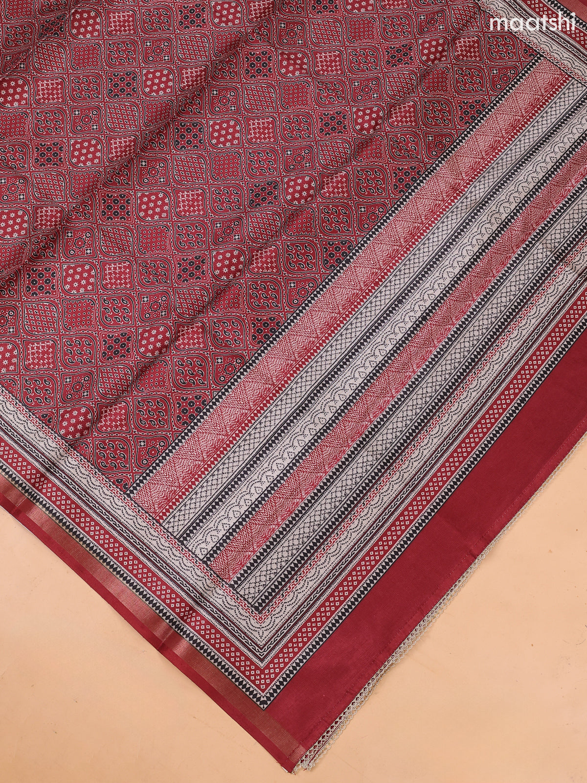 Biege and Maroon Art Tussar Dress Material With Bandhini Prints & Simple Embroidery and Bottom & Dupatta