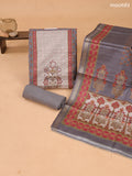 Grey and Maroon Art Tussar Dress Material With Prints & Floral Embroidery Work and Bottom & Dupatta