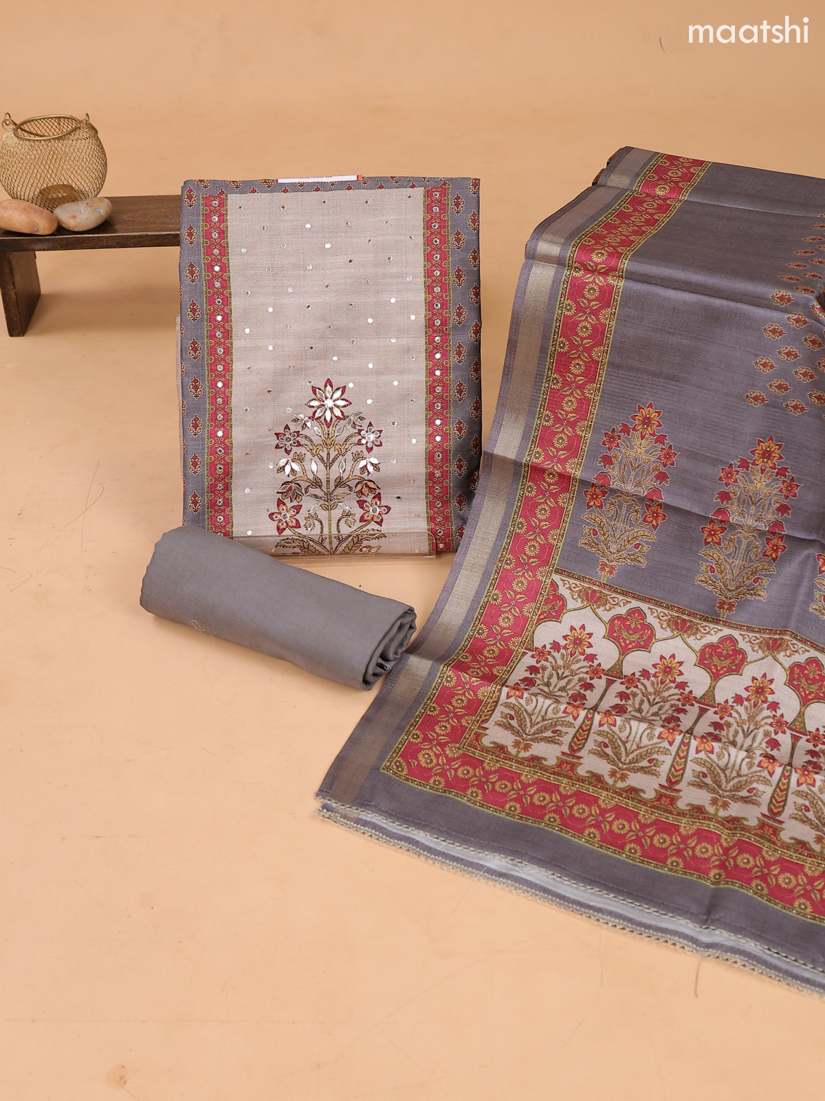 Grey and Maroon Art Tussar Dress Material With Prints & Floral Embroidery Work and Bottom & Dupatta