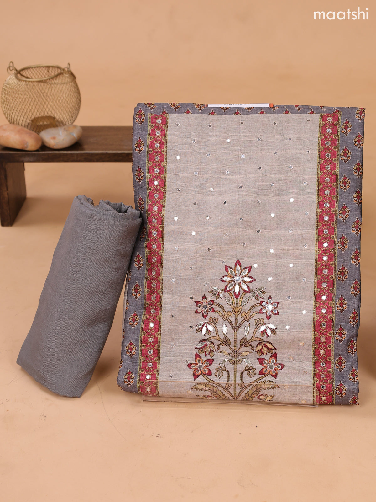 Grey and Maroon Art Tussar Dress Material With Prints & Floral Embroidery Work and Bottom & Dupatta