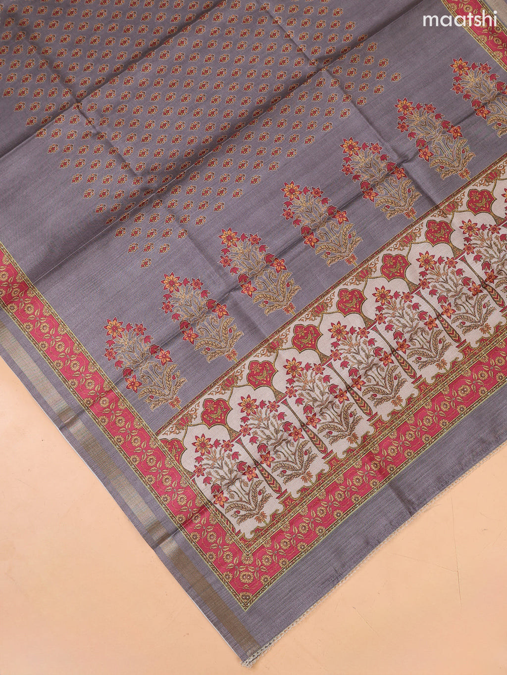 Grey and Maroon Art Tussar Dress Material With Prints & Floral Embroidery Work and Bottom & Dupatta