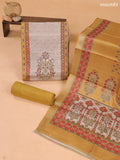 Mustard Yellow and Biege Art Tussar Dress Material With Prints & Floral Embroidery Work and Bottom & Dupatta