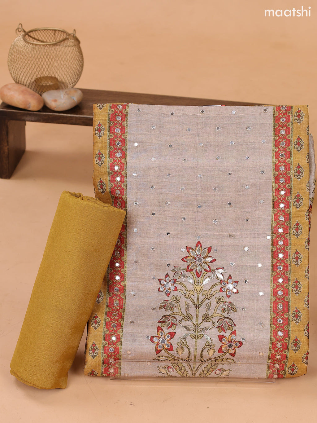Mustard Yellow and Biege Art Tussar Dress Material With Prints & Floral Embroidery Work and Bottom & Dupatta