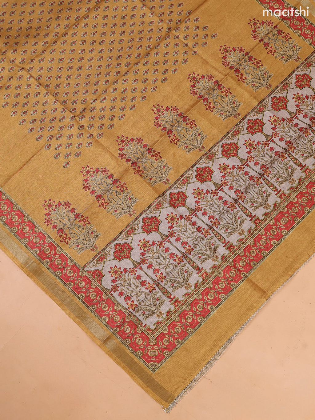 Mustard Yellow and Biege Art Tussar Dress Material With Prints & Floral Embroidery Work and Bottom & Dupatta