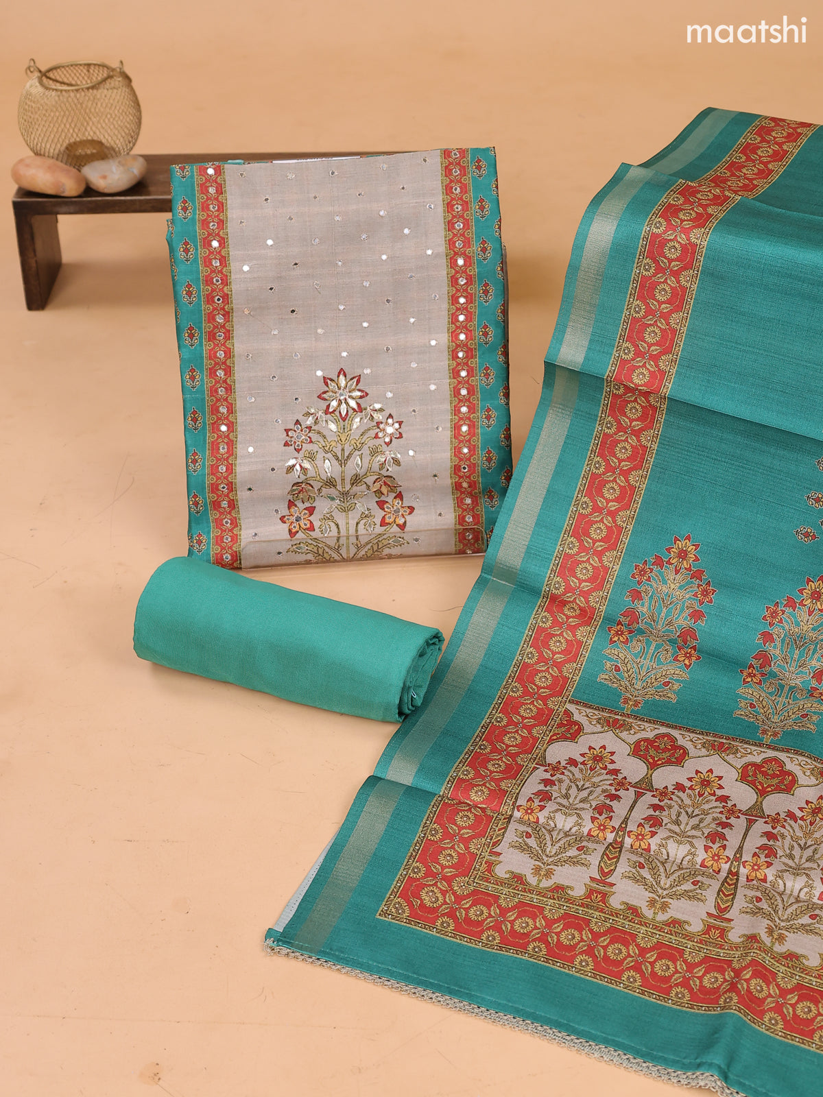 Green and Biege Art Tussar Dress Material With Prints & Floral Embroidery Work and Bottom & Dupatta