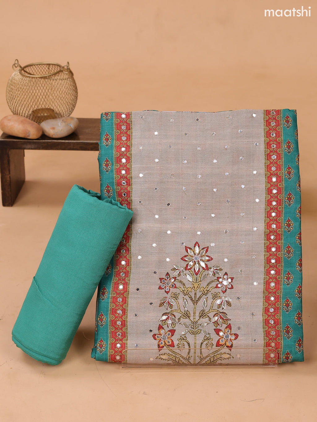 Green and Biege Art Tussar Dress Material With Prints & Floral Embroidery Work and Bottom & Dupatta