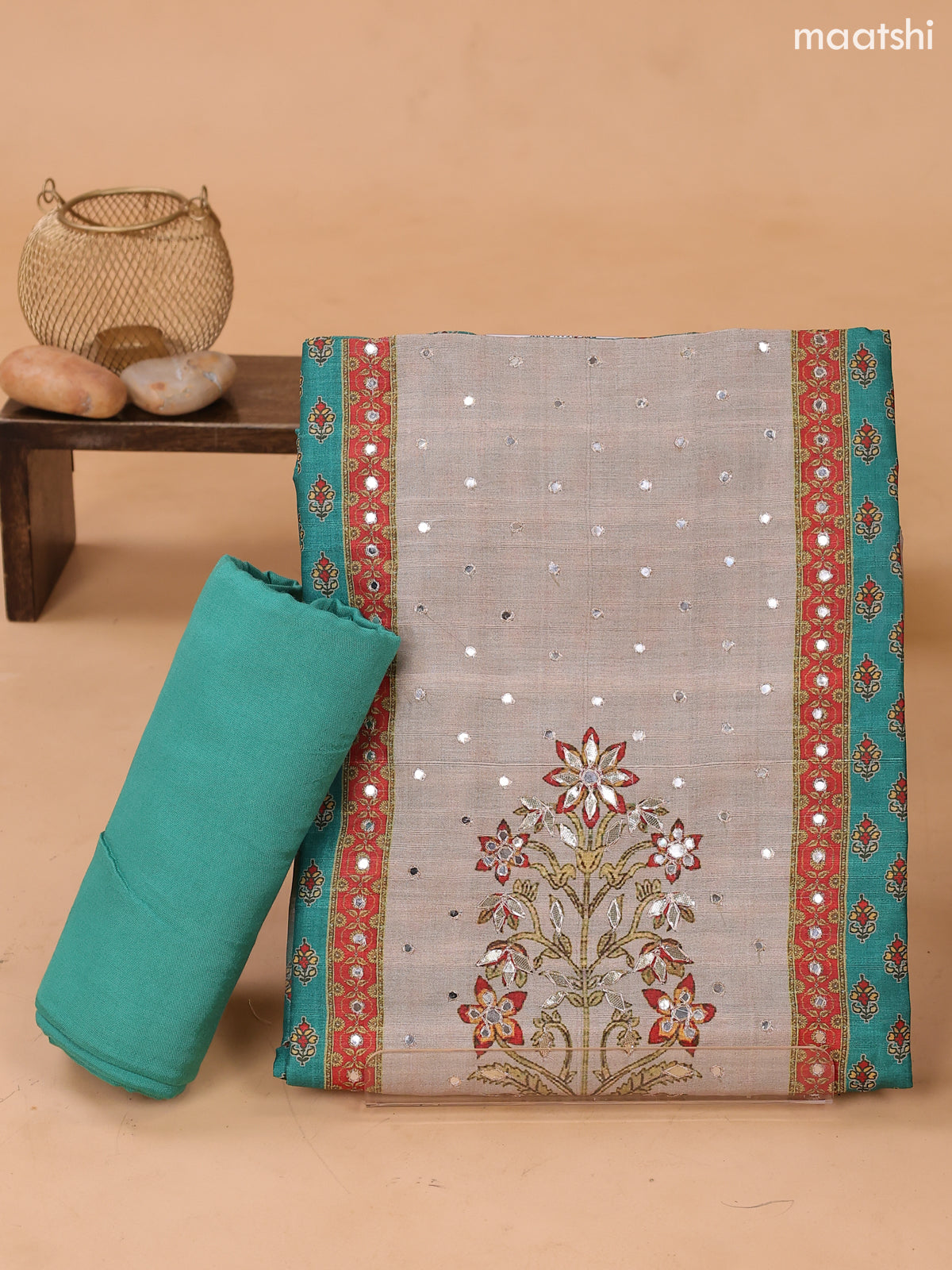 Green and Biege Art Tussar Dress Material With Prints & Floral Embroidery Work and Bottom & Dupatta