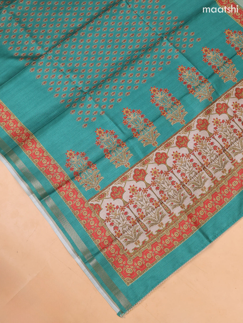 Green and Biege Art Tussar Dress Material With Prints & Floral Embroidery Work and Bottom & Dupatta