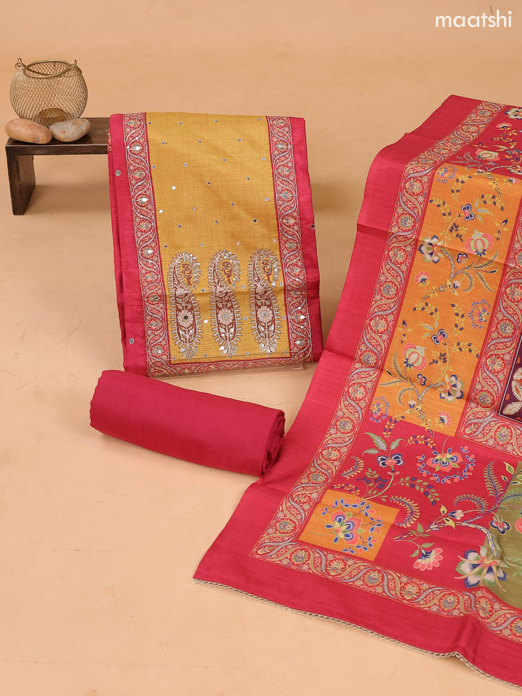 Reddish Pink and Gold Art Tussar Dress Material Floral Prints & Embroidery Work Neck Pattern and Bottom & Dupatta