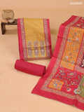 Reddish Pink and Gold Art Tussar Dress Material Floral Prints & Embroidery Work Neck Pattern and Bottom & Dupatta