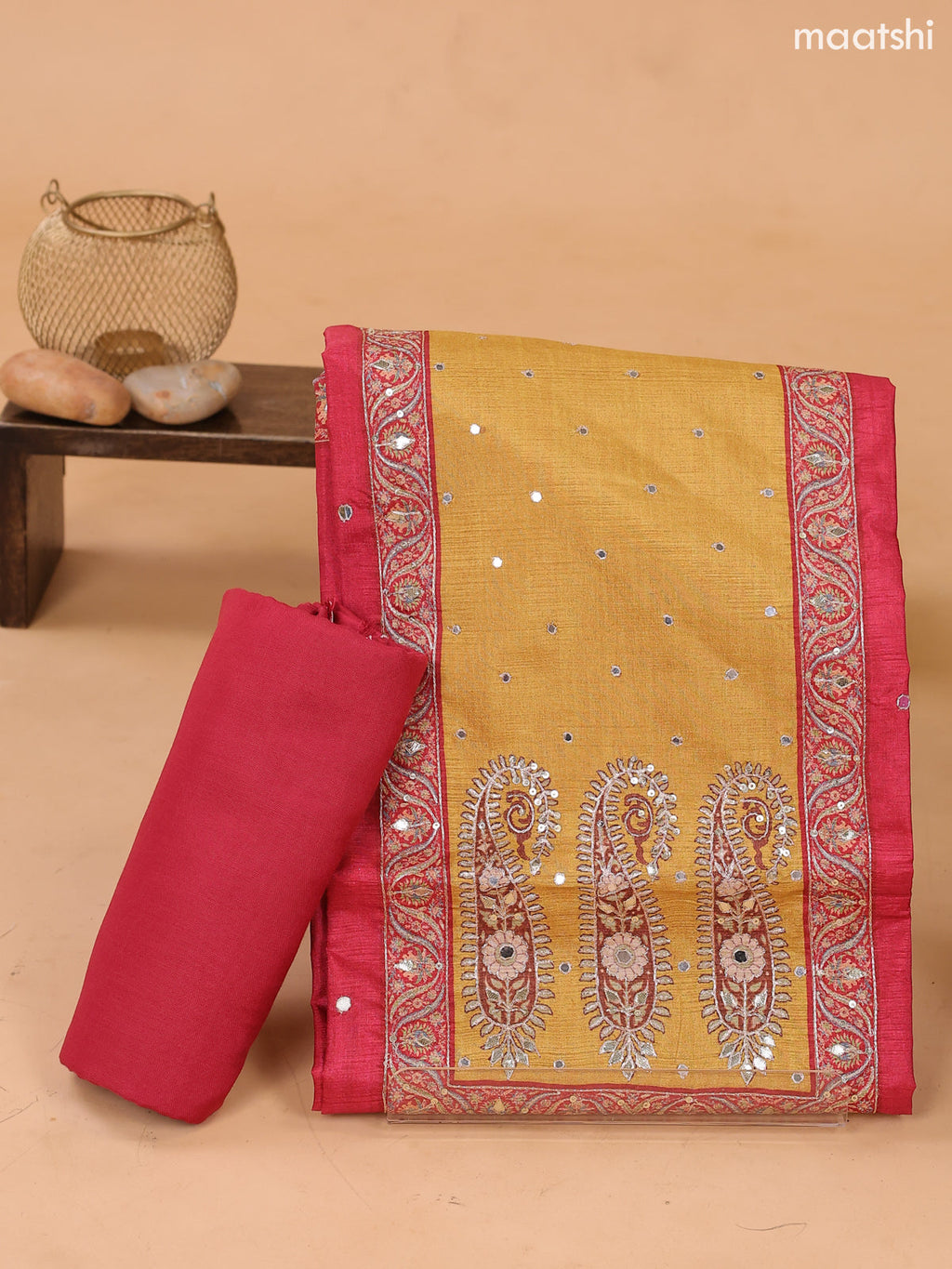 Reddish Pink and Gold Art Tussar Dress Material Floral Prints & Embroidery Work Neck Pattern and Bottom & Dupatta