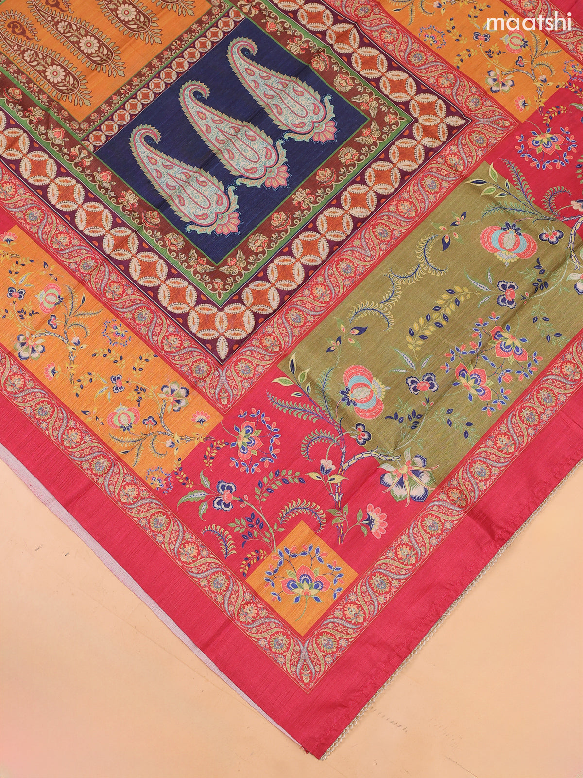 Reddish Pink and Gold Art Tussar Dress Material Floral Prints & Embroidery Work Neck Pattern and Bottom & Dupatta