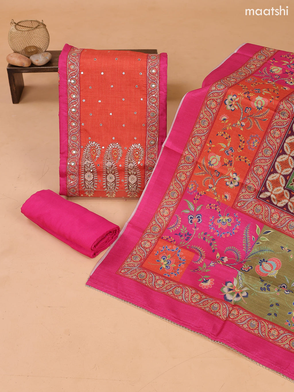 Rani Pink and Orange Art Tussar Dress Material Floral Prints & Embroidery Work Neck Pattern and Bottom & Dupatta