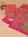 Rani Pink and Orange Art Tussar Dress Material Floral Prints & Embroidery Work Neck Pattern and Bottom & Dupatta