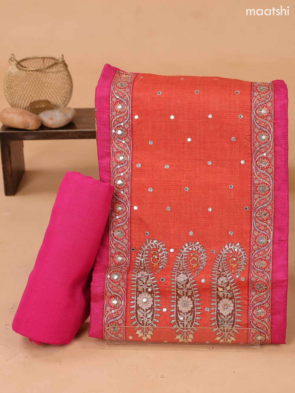 Rani Pink and Orange Art Tussar Dress Material Floral Prints & Embroidery Work Neck Pattern and Bottom & Dupatta