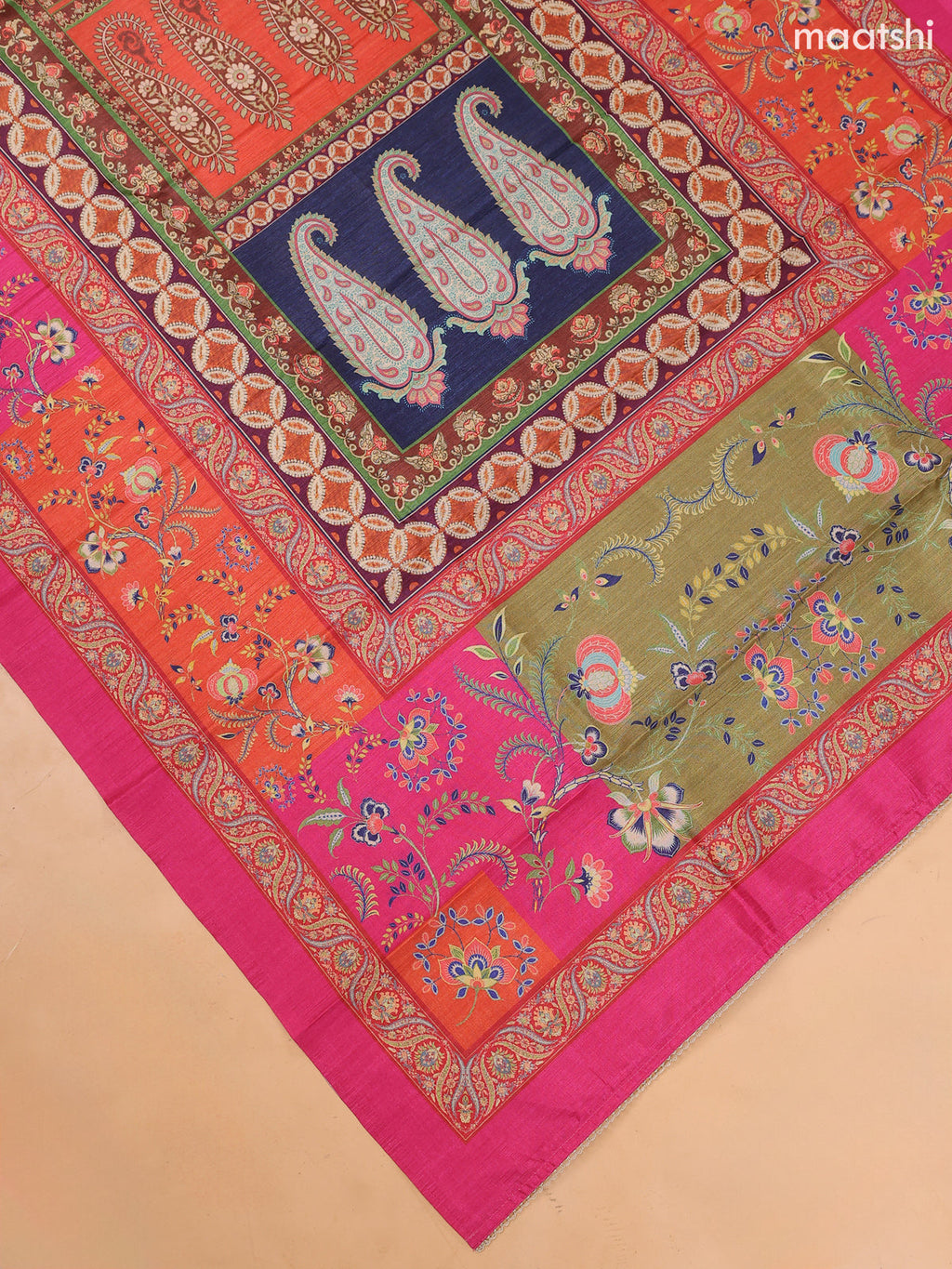 Rani Pink and Orange Art Tussar Dress Material Floral Prints & Embroidery Work Neck Pattern and Bottom & Dupatta