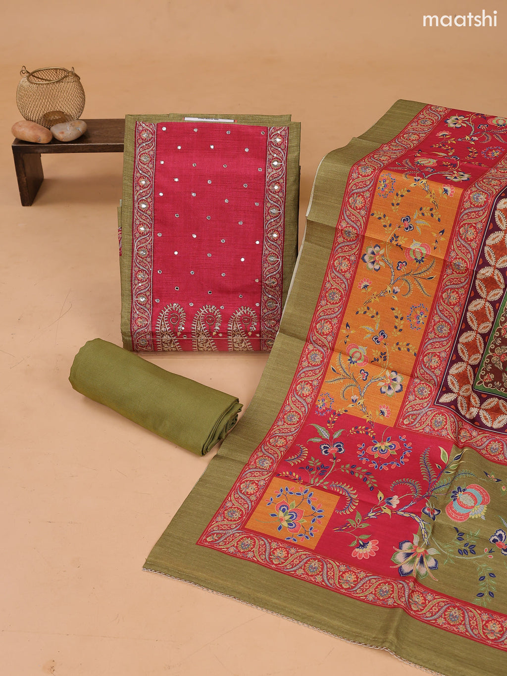 Mehendi Green and Rani Pink Art Tussar Dress Material Floral Prints & Embroidery Work Neck Pattern and Bottom & Dupatta
