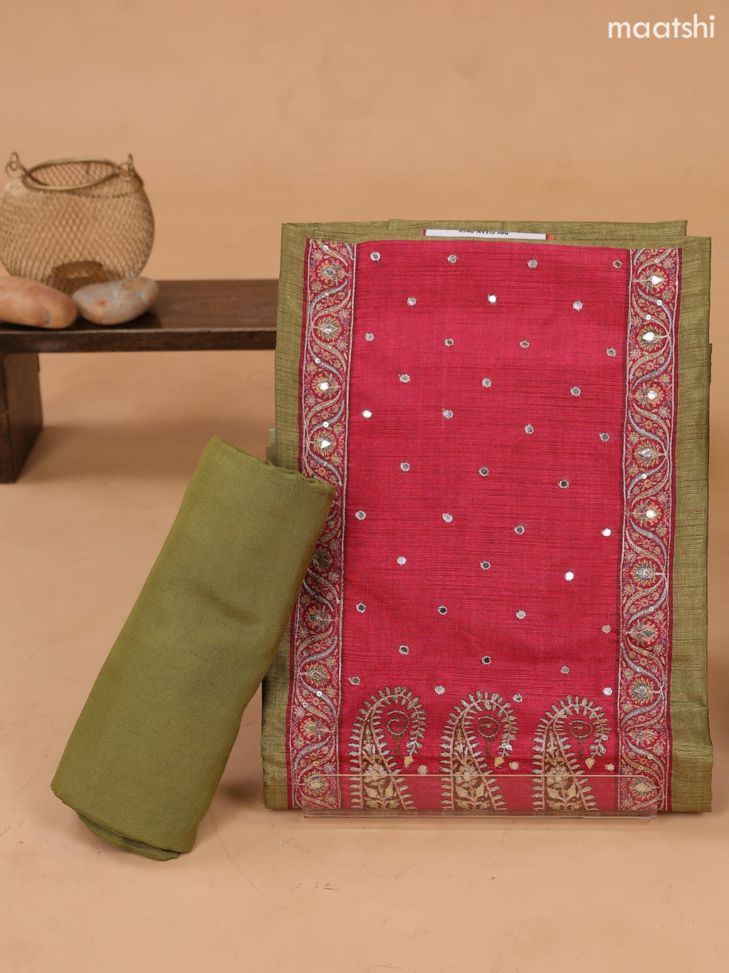 Mehendi Green and Rani Pink Art Tussar Dress Material Floral Prints & Embroidery Work Neck Pattern and Bottom & Dupatta