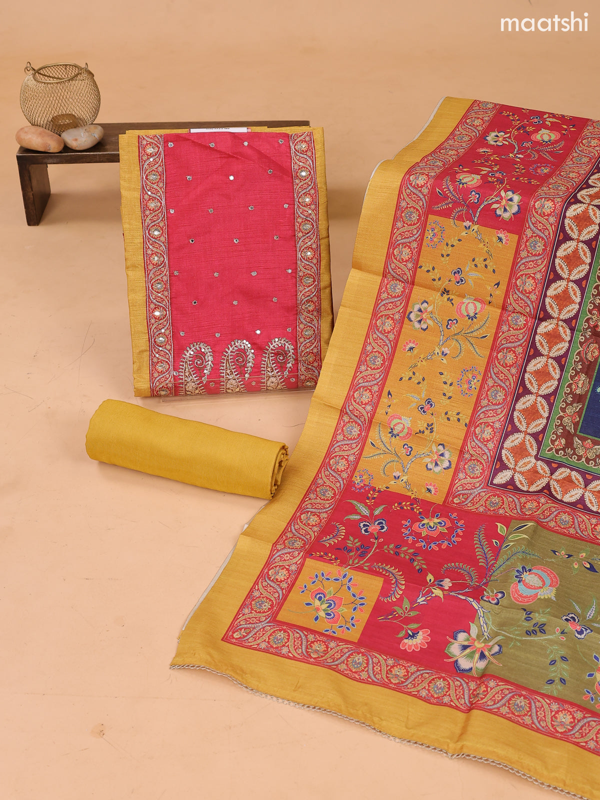 Gold and Rani Pink Art Tussar Dress Material Floral Prints & Embroidery Work Neck Pattern and Bottom & Dupatta