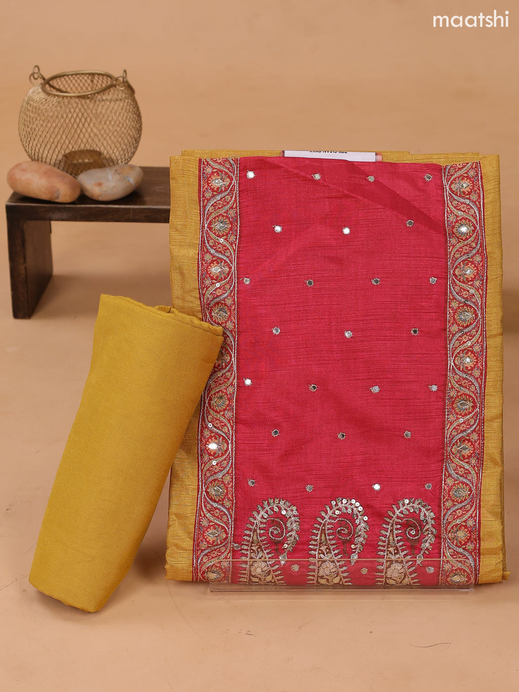 Gold and Rani Pink Art Tussar Dress Material Floral Prints & Embroidery Work Neck Pattern and Bottom & Dupatta
