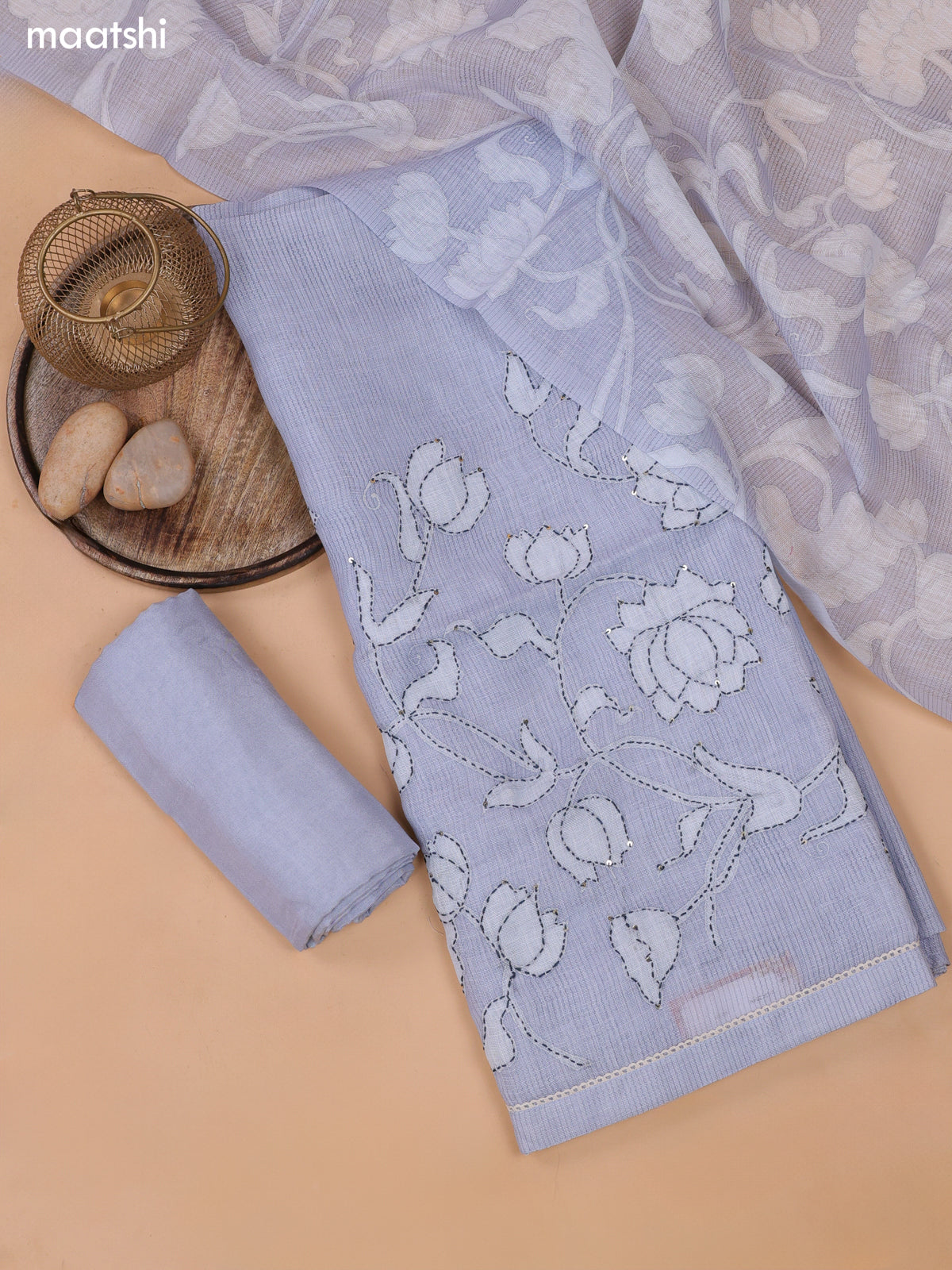 Greyish Blue Linen Cotton Dress Material With Allover Kantha Stitch Work Pattern and Bottom & Dupatta