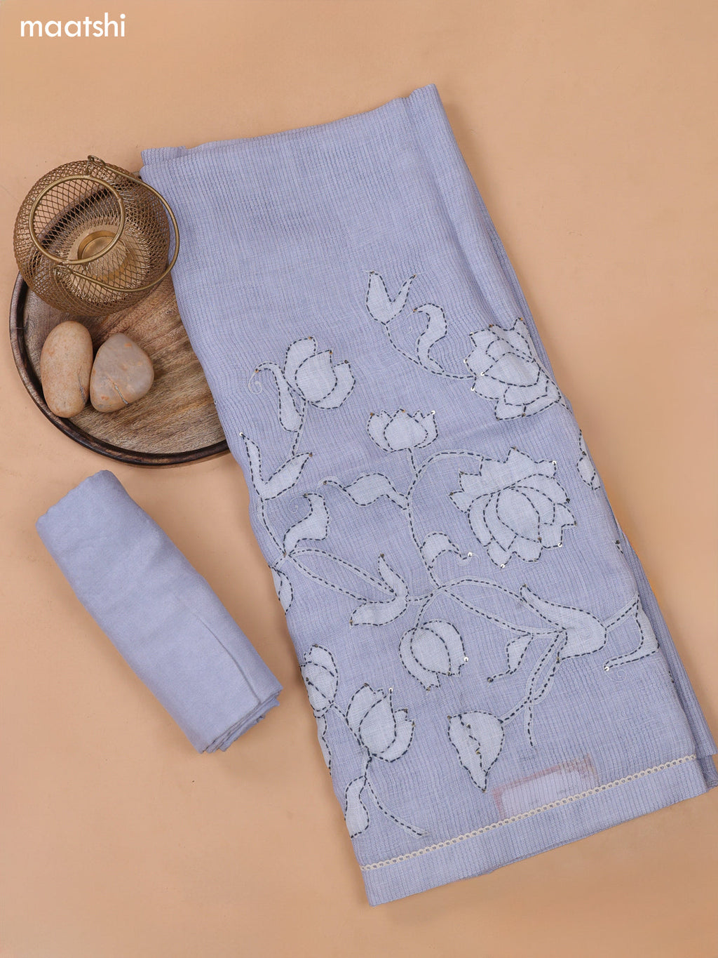 Greyish Blue Linen Cotton Dress Material With Allover Kantha Stitch Work Pattern and Bottom & Dupatta
