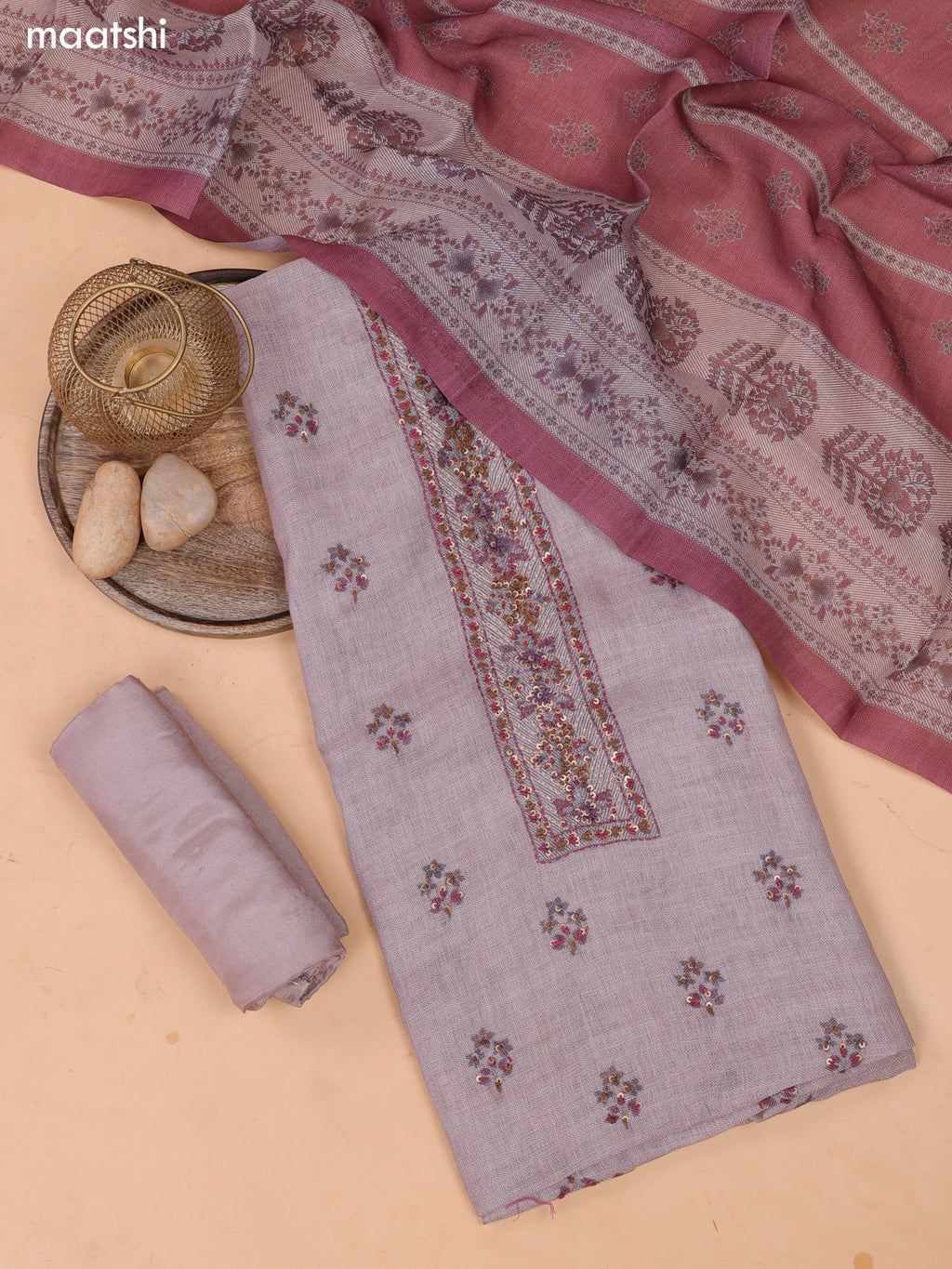 Biege and Teal Purple Linen Cotton Dress Material With Embroidery Work & Neck Pattern and Bottom & Zari Dupatta