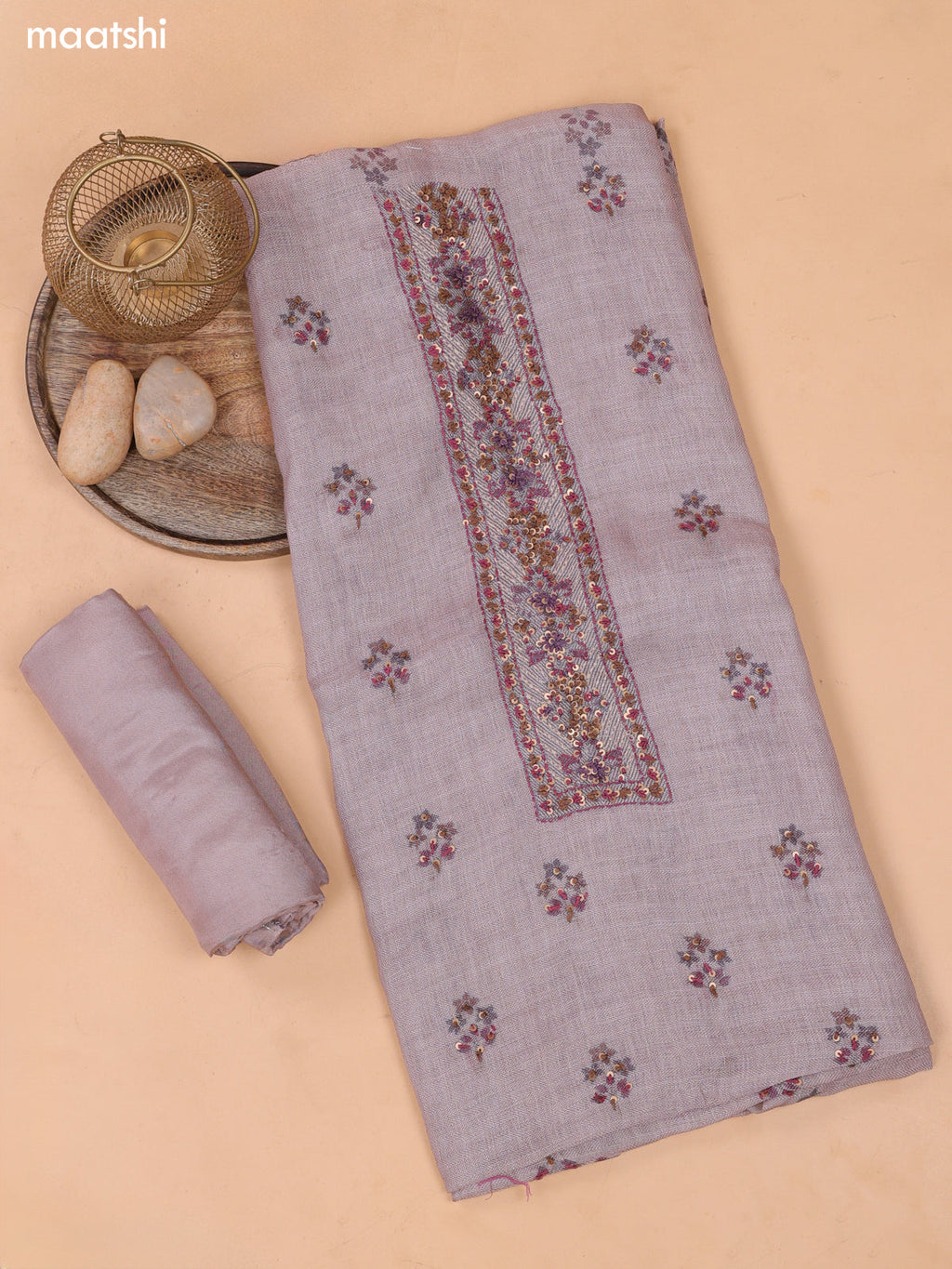 Biege and Teal Purple Linen Cotton Dress Material With Embroidery Work & Neck Pattern and Bottom & Zari Dupatta