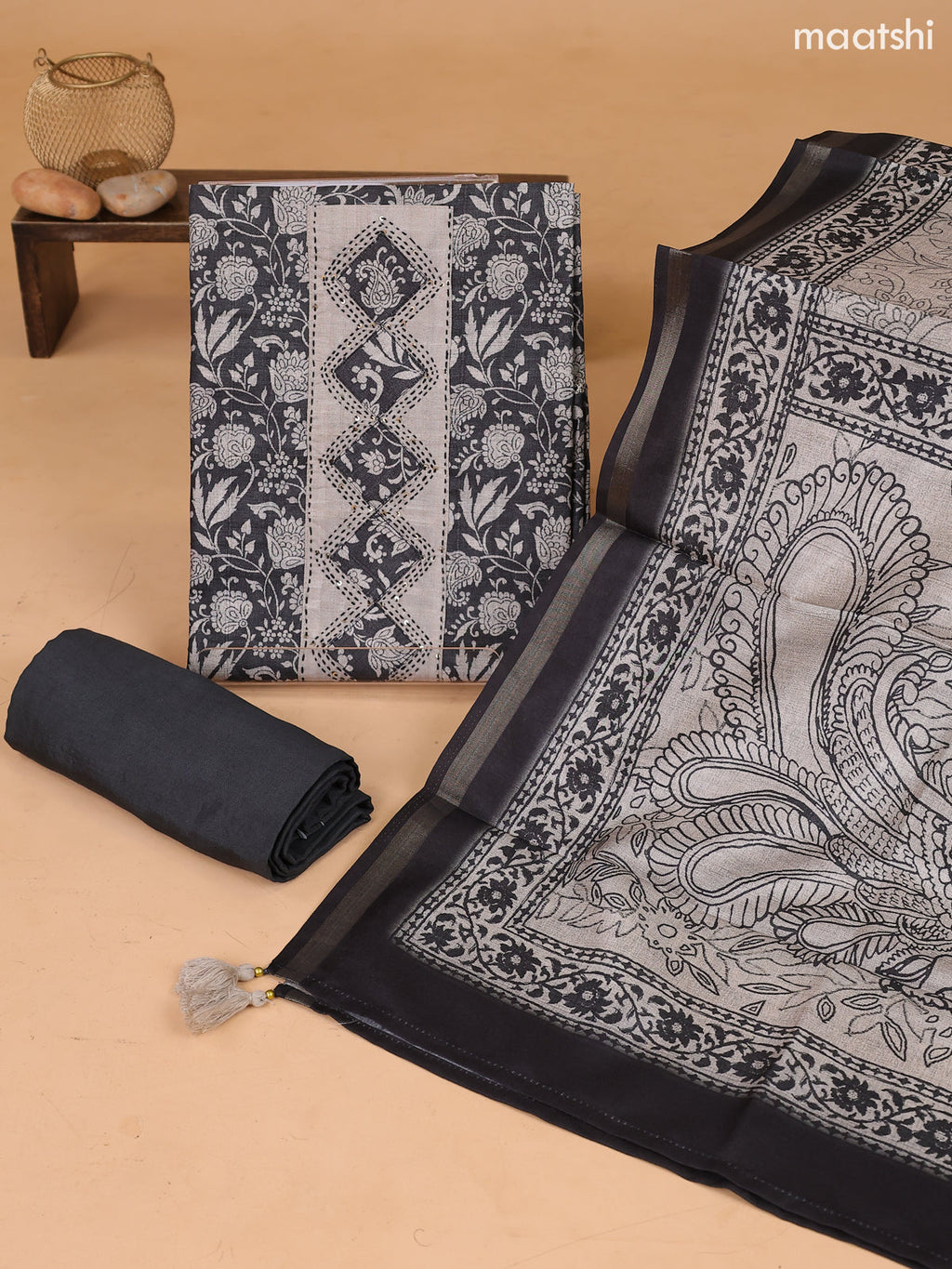Black and Beige Art Tussar Dress Material With Floral Printed & Embroidery Work Neck Pattern and Bottom & Dupatta