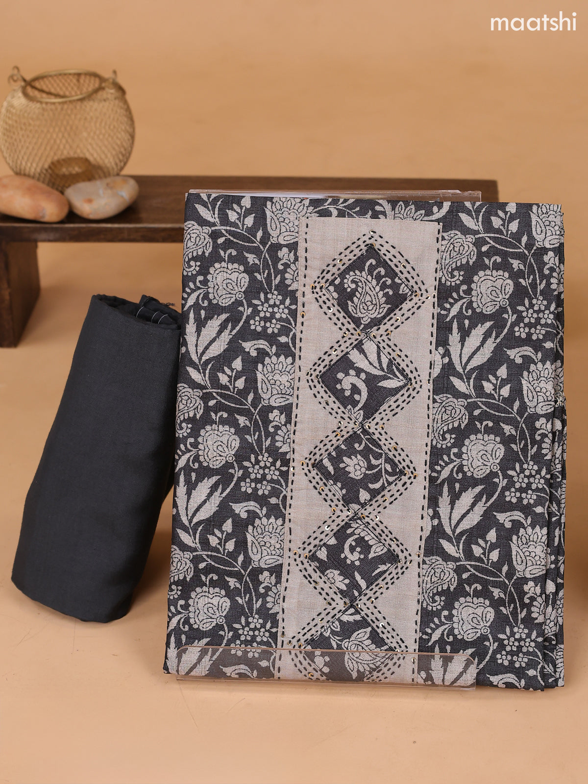 Black and Beige Art Tussar Dress Material With Floral Printed & Embroidery Work Neck Pattern and Bottom & Dupatta