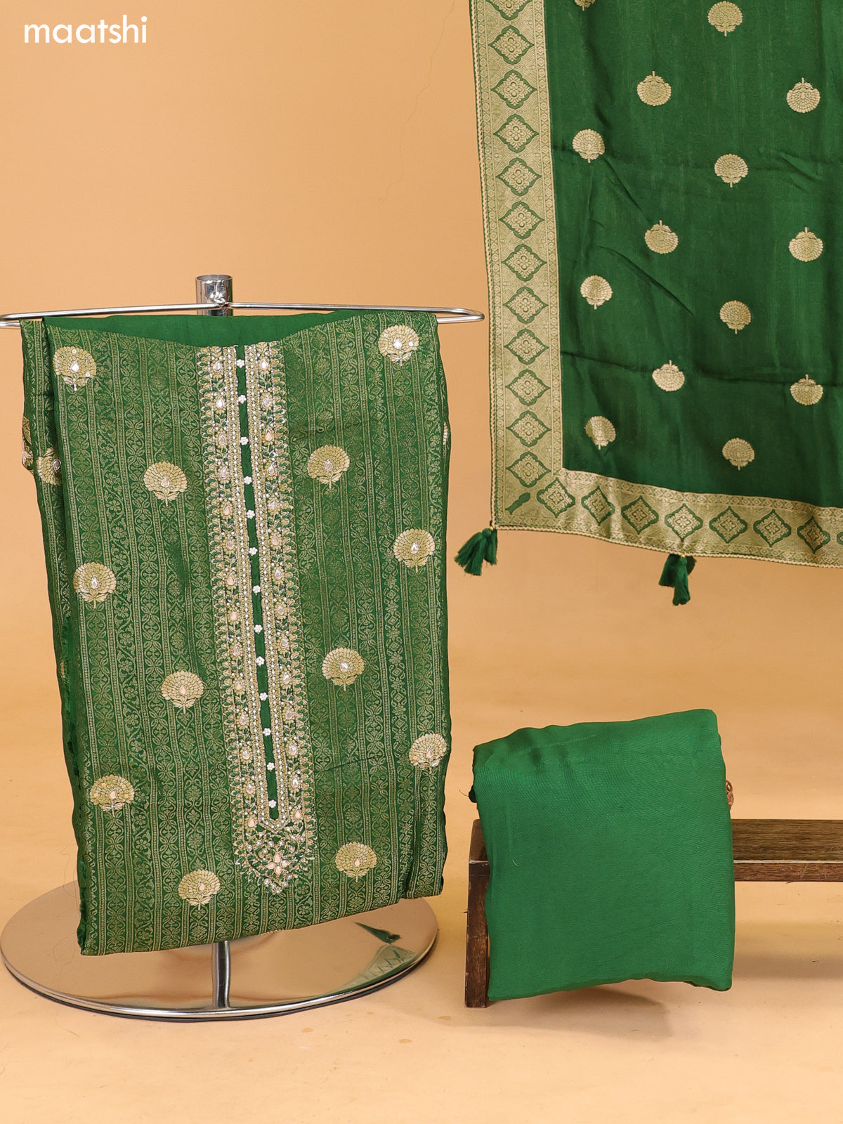 Green Banarasi Silk Dress Material With Allover Zari Weaves and Bottom & Dupatta