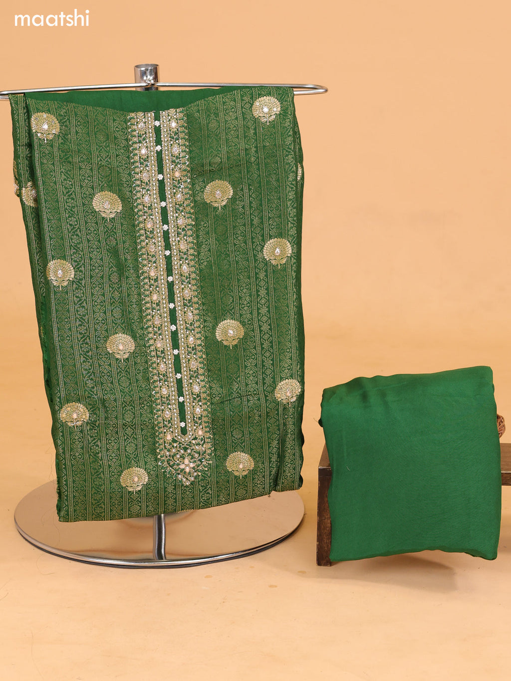 Green Banarasi Silk Dress Material With Allover Zari Weaves and Bottom & Dupatta