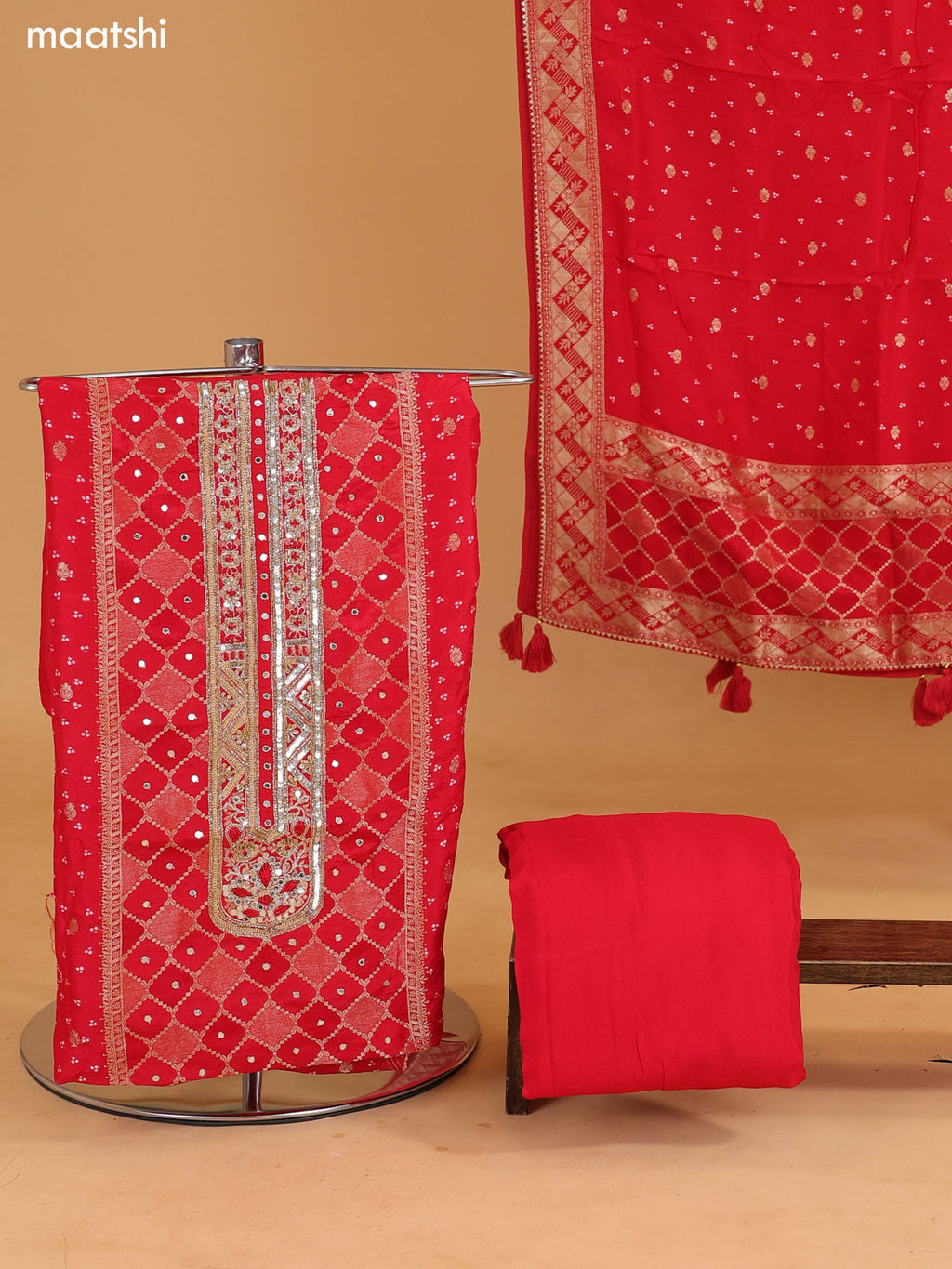 Red Banarasi Silk Dress Material With Allover Zari Weaves and Bottom & Dupatta