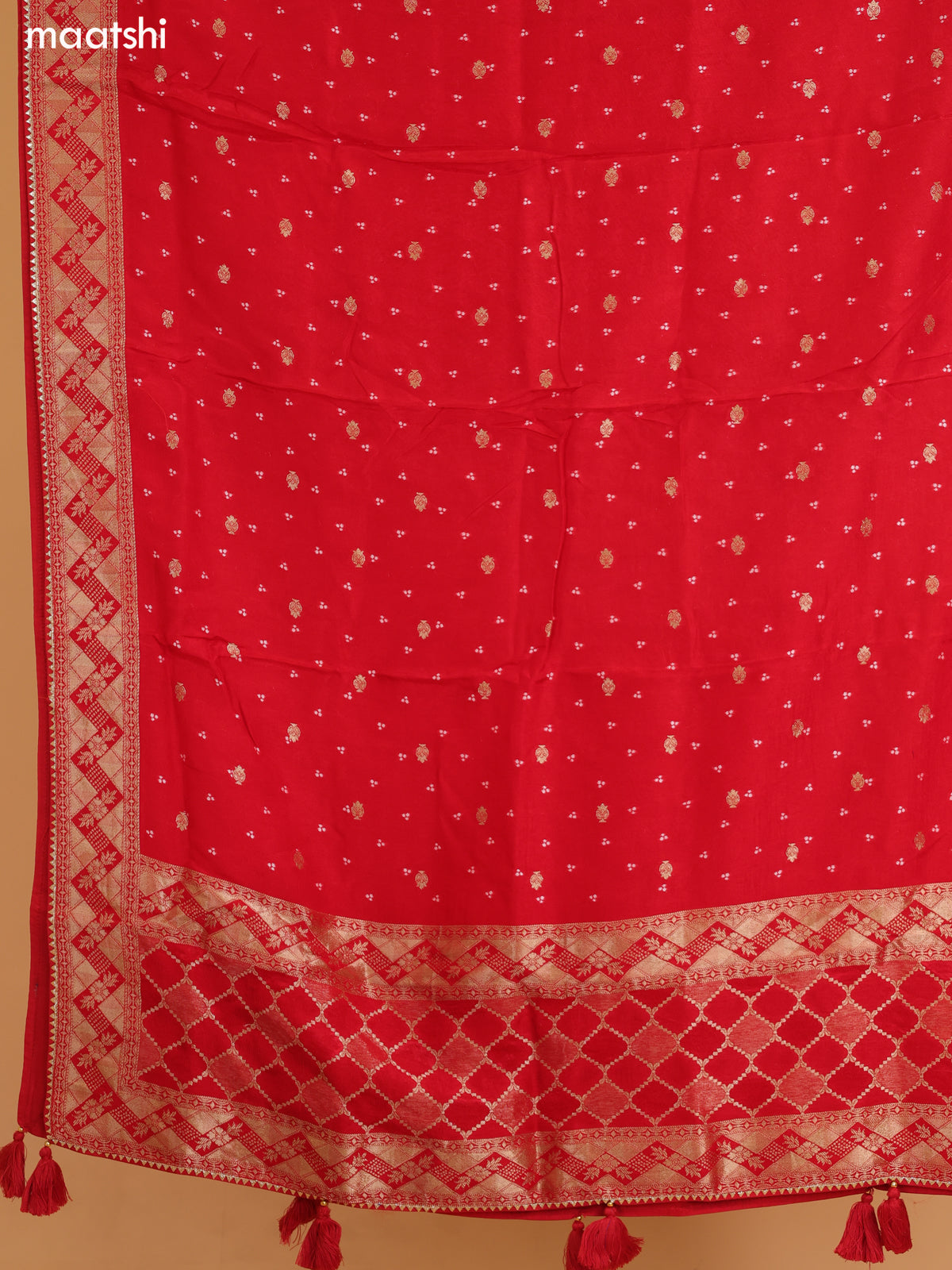Red Banarasi Silk Dress Material With Allover Zari Weaves and Bottom & Dupatta
