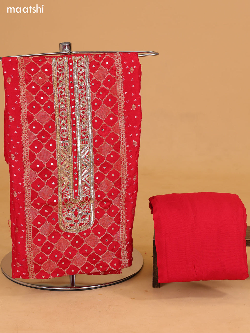 Red Banarasi Silk Dress Material With Allover Zari Weaves and Bottom & Dupatta
