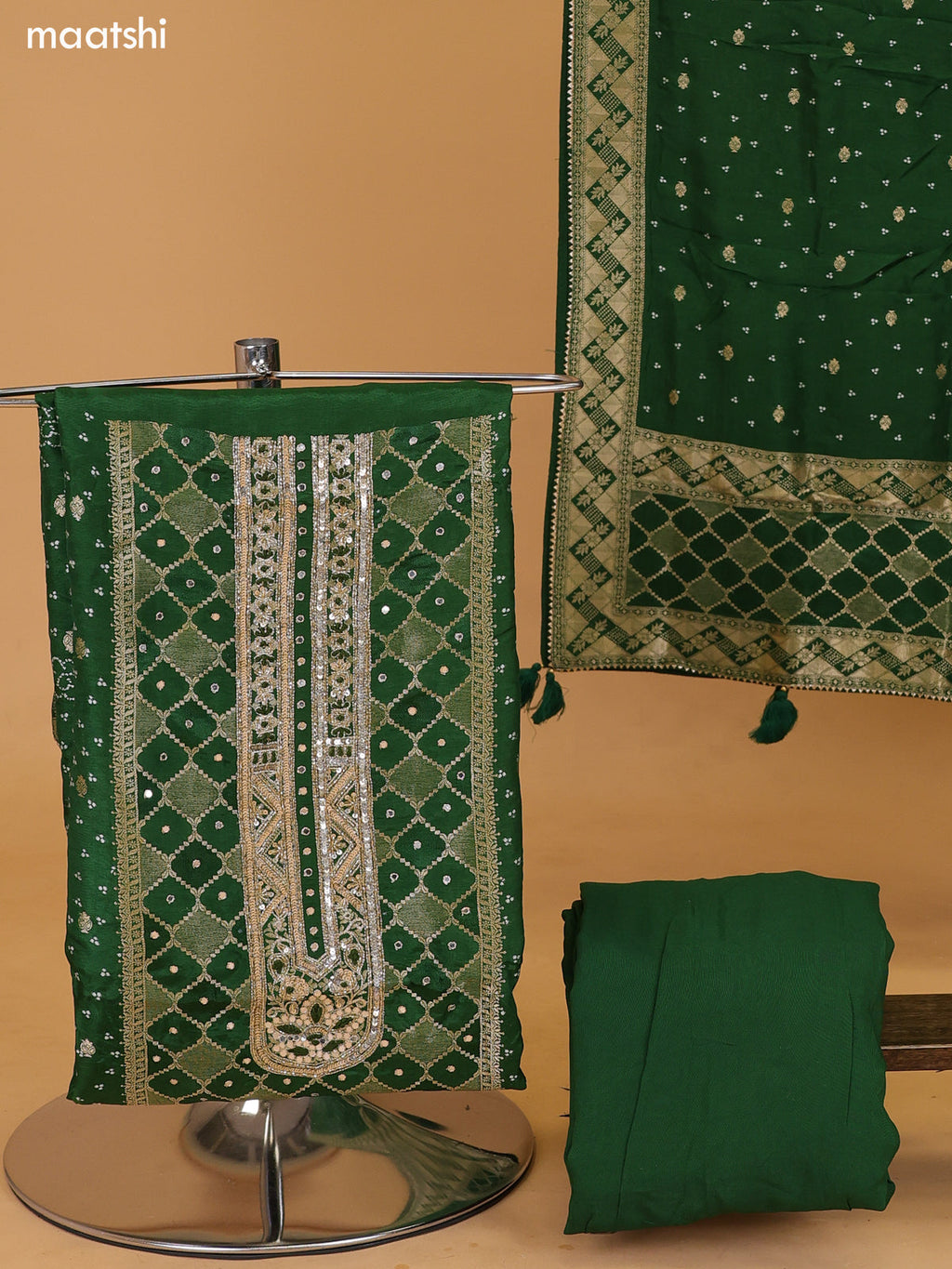 Sap Green Banarasi Silk Dress Material With Allover Zari Weaves and Bottom & Dupatta
