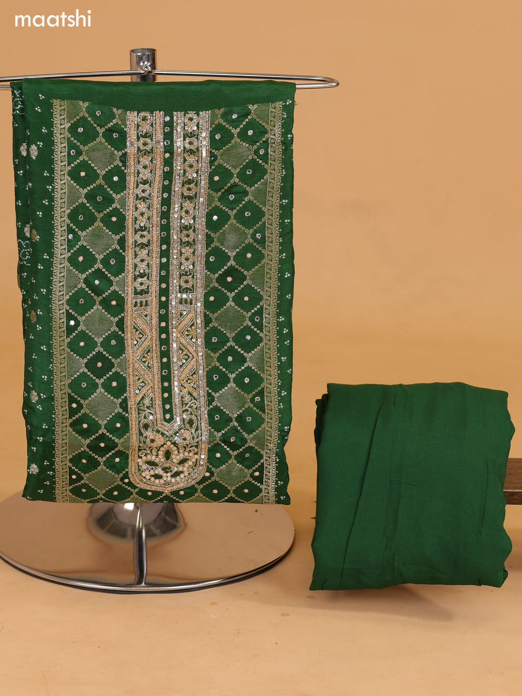 Sap Green Banarasi Silk Dress Material With Allover Zari Weaves and Bottom & Dupatta