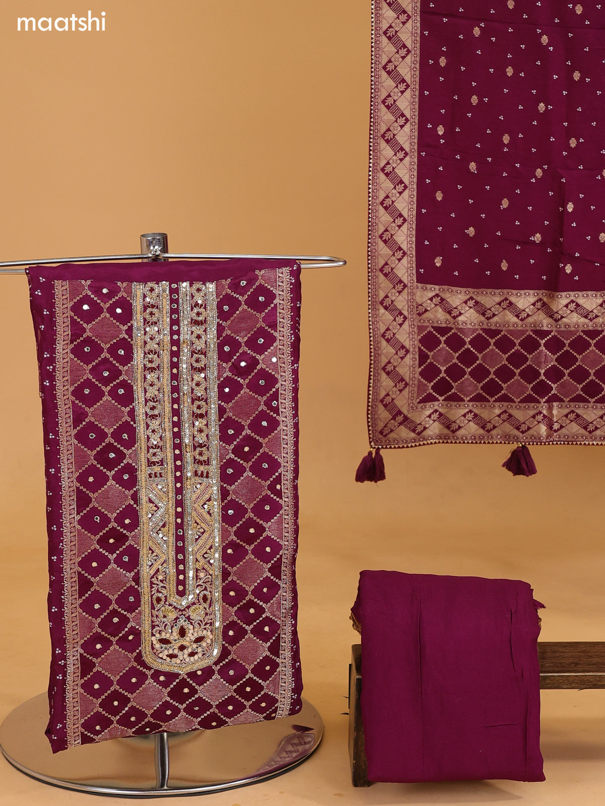 Purple Banarasi Silk Dress Material With Allover Zari Weaves and Bottom & Dupatta