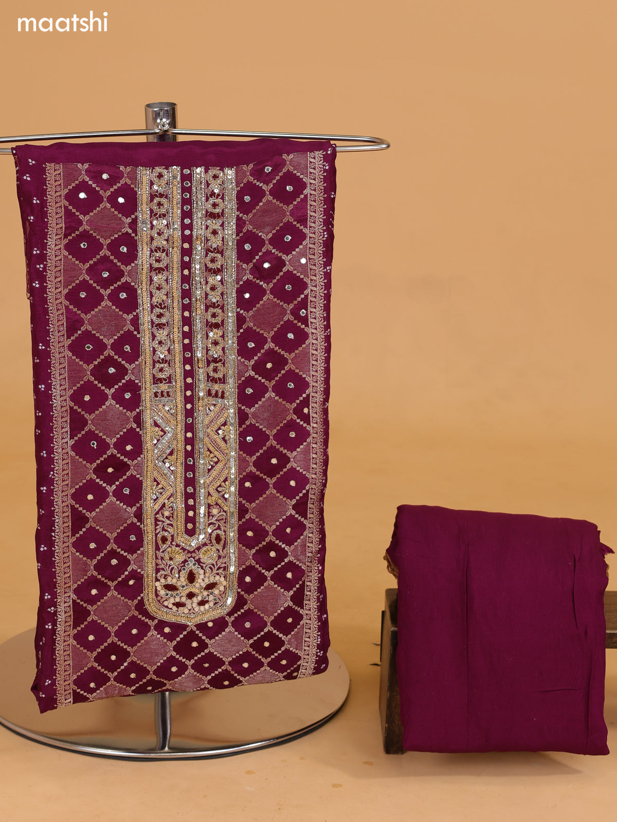 Purple Banarasi Silk Dress Material With Allover Zari Weaves and Bottom & Dupatta