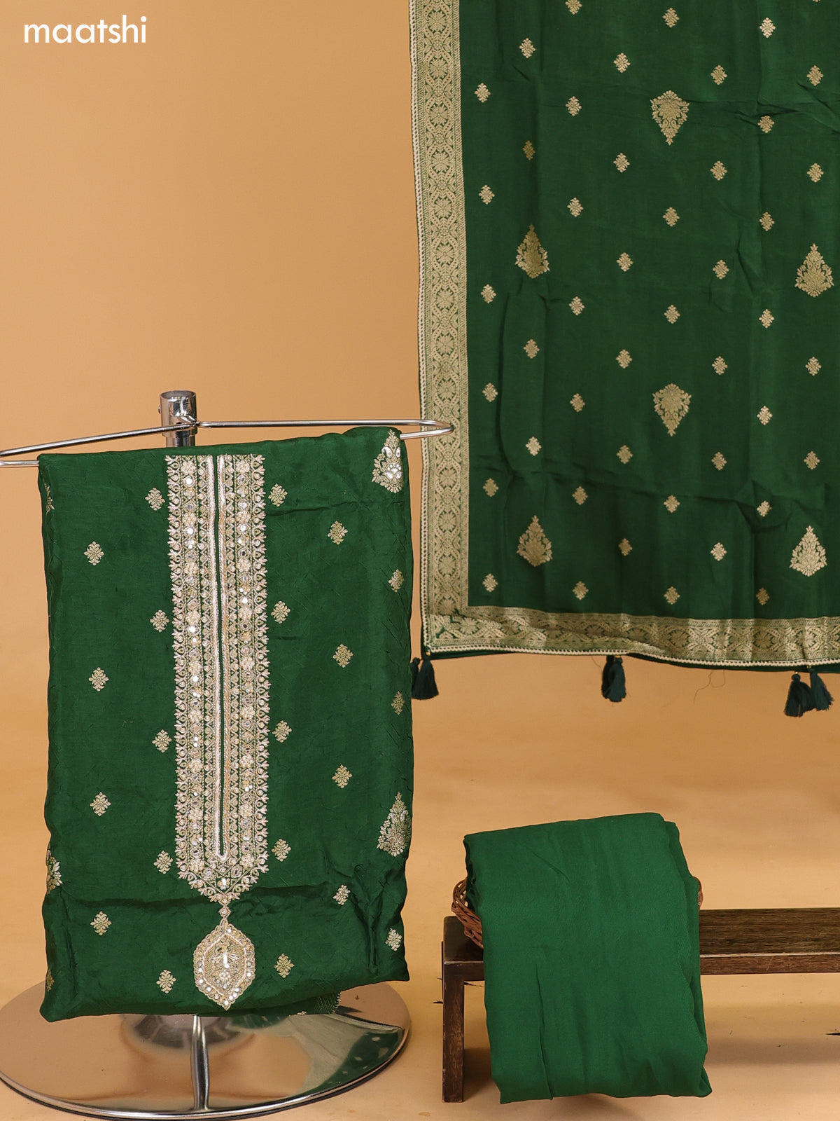 Dark Sap Green Banarasi Silk Dress Material With Allover Zari Buttas and Bottom & Dupatta