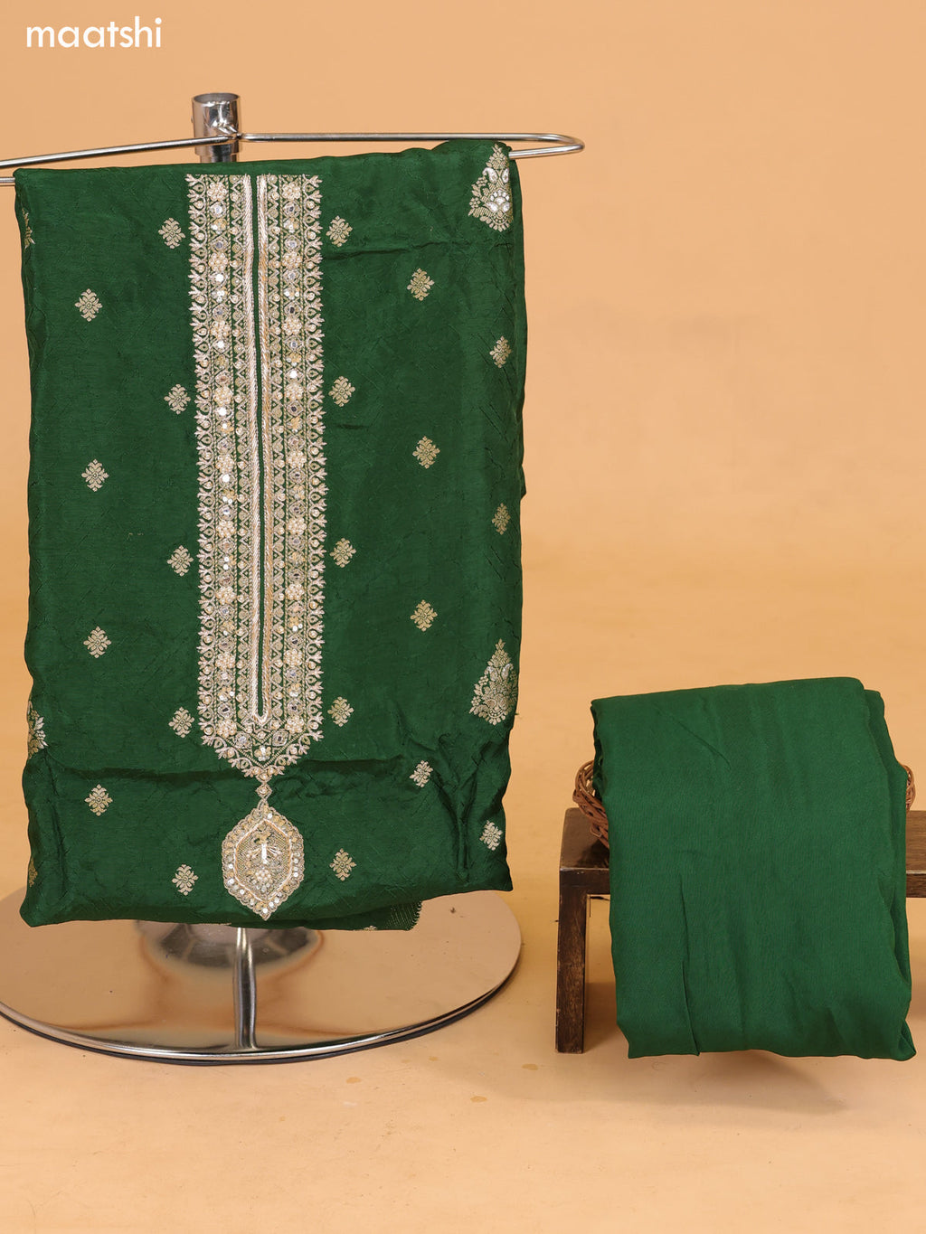 Dark Sap Green Banarasi Silk Dress Material With Allover Zari Buttas and Bottom & Dupatta