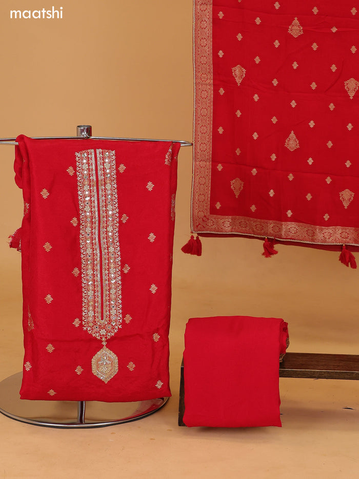 Red Banarasi Silk Dress Material With Allover Zari Buttas and Bottom & Dupatta