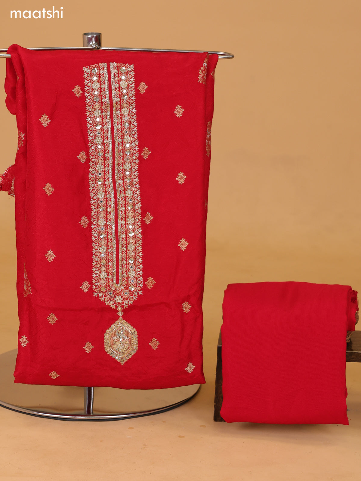 Red Banarasi Silk Dress Material With Allover Zari Buttas and Bottom & Dupatta