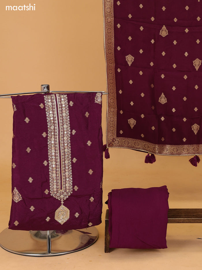 Deep Purple Banarasi Silk Dress Material With Allover Zari Buttas and Bottom & Dupatta