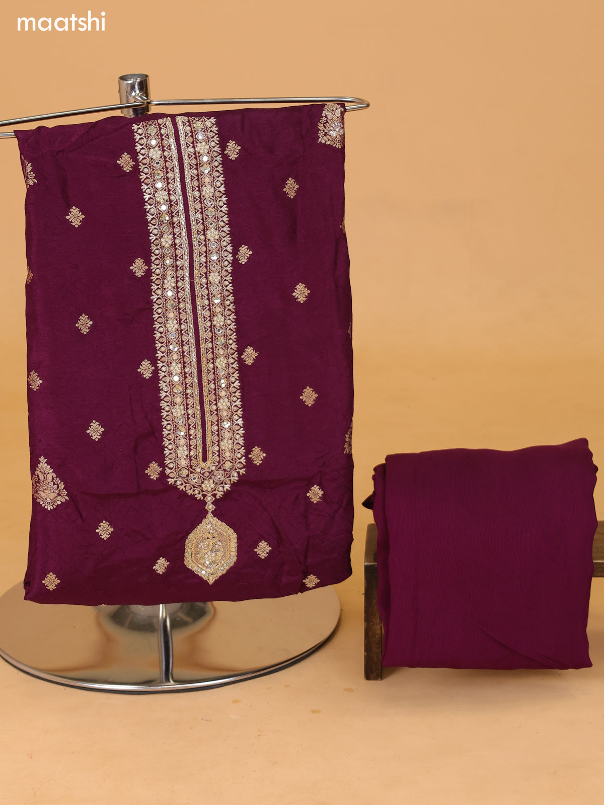 Deep Purple Banarasi Silk Dress Material With Allover Zari Buttas and Bottom & Dupatta