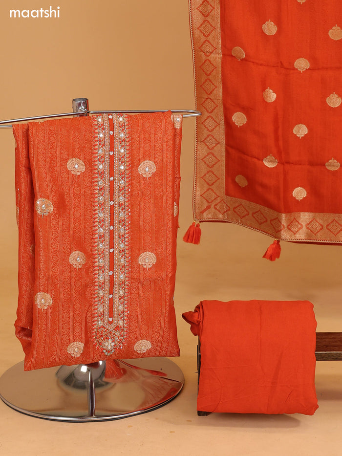 Rustic Orange Banarasi Silk Dress Material With Allover Zari Weaves and Bottom & Dupatta