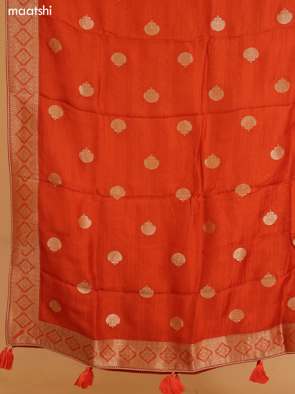 Rustic Orange Banarasi Silk Dress Material With Allover Zari Weaves and Bottom & Dupatta