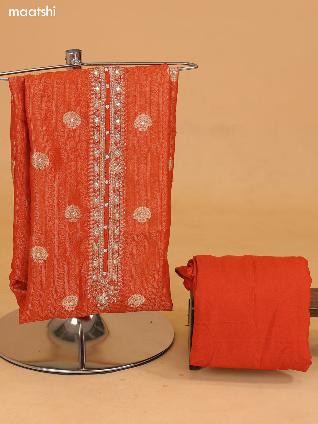 Rustic Orange Banarasi Silk Dress Material With Allover Zari Weaves and Bottom & Dupatta